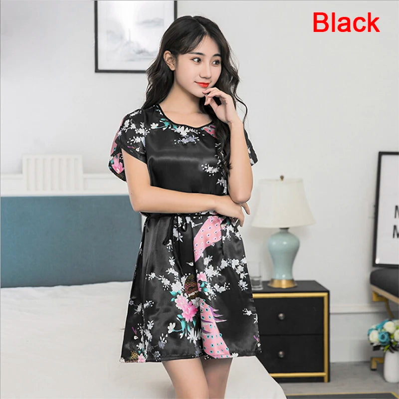 Women Short Sleeve Satin Sleepwear Silk Nightgown Nightdress Women Night Dress Ladies Fuax Silk Robes Nightwear