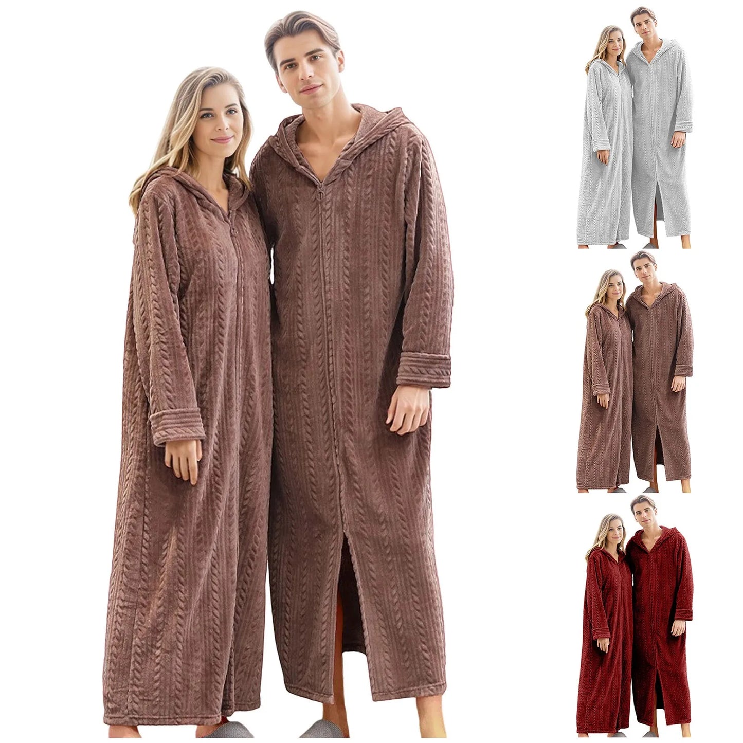 Long Hooded Zipper Bathrobe For Lovers Flannel Fleece Robes Winter Warm Housecoat Nightgown Family Christmas Pajama Pants