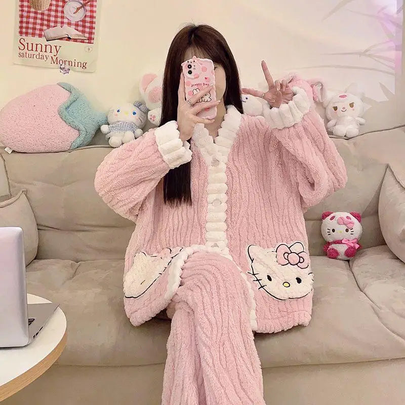 Hot Kawaii Hello Kitty Autumn Winter Coral Velvet Pajamas 2Pcs Set Thickened Pajamas Y2K Girl Cartoon Cute Casual Home Wear Set