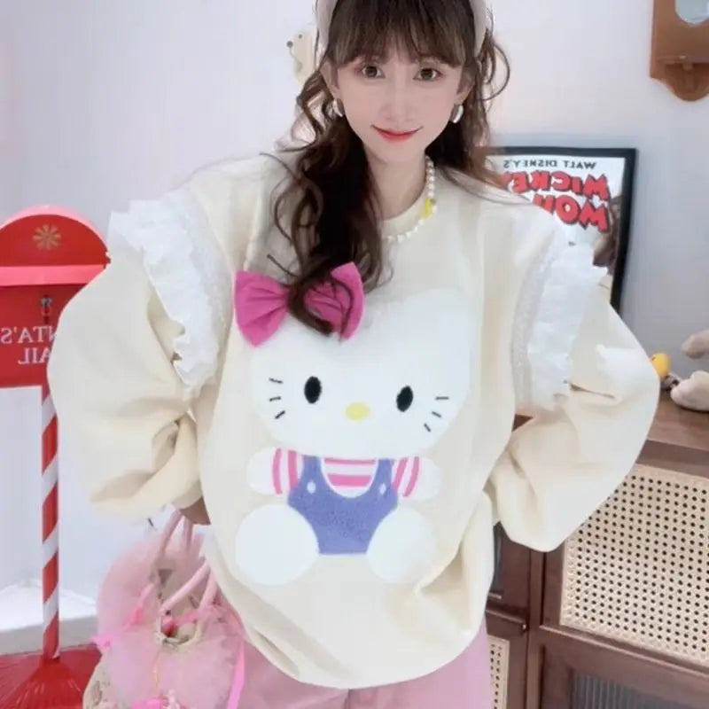 Kawaii Hellokitty Loose Sweatshirt Sweet Lace Sweater Sweet Girl Sweater Three-Dimensional Cartoon Patch Plus Velvet Casual Wear