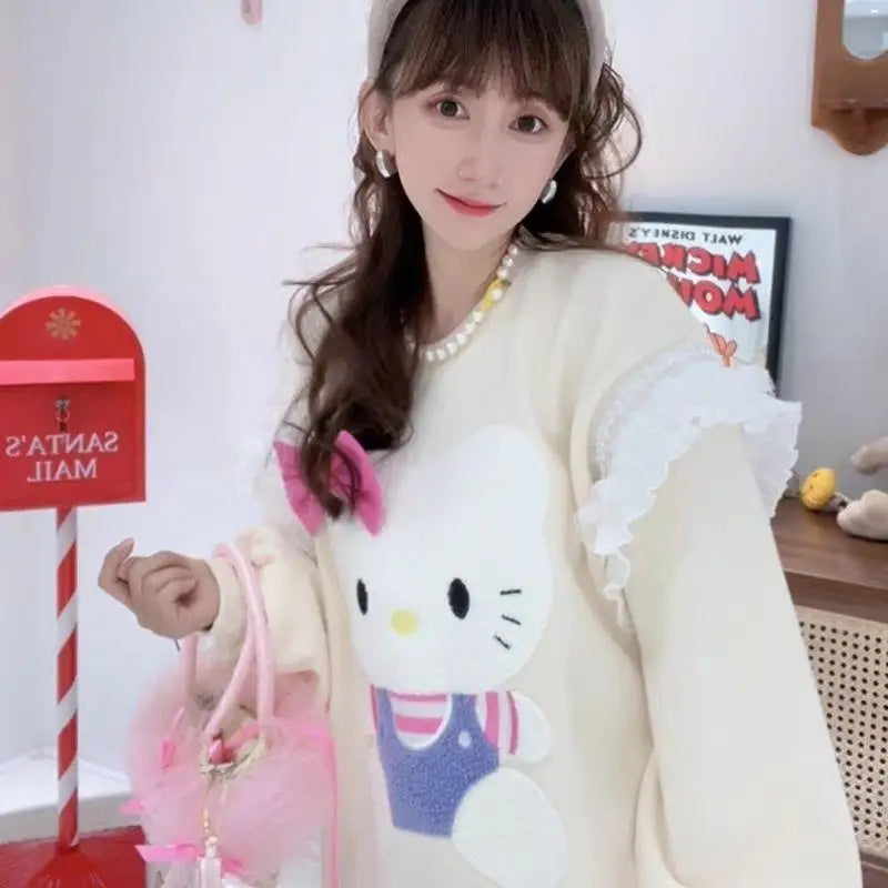 Kawaii Hellokitty Loose Sweatshirt Sweet Lace Sweater Sweet Girl Sweater Three-Dimensional Cartoon Patch Plus Velvet Casual Wear