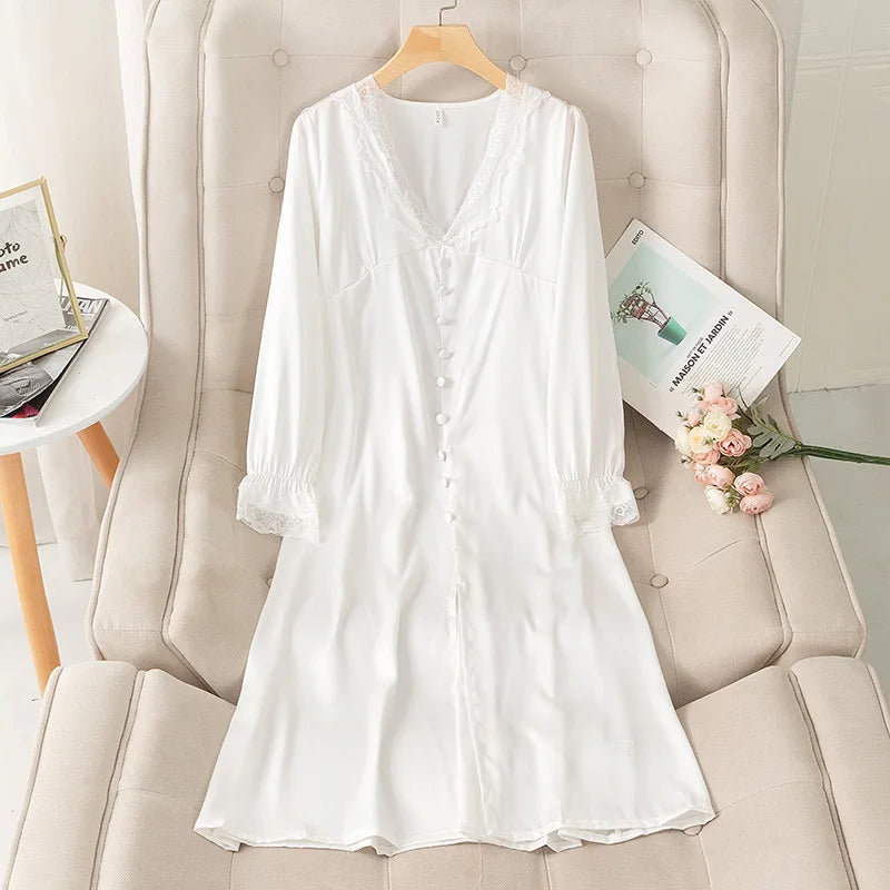 Vintage Lady Girls Nightdress V-Neck Nightgown Princess Dress Sleepshirts Royal Style Sleepwear Satin Home Dresses Loungewear