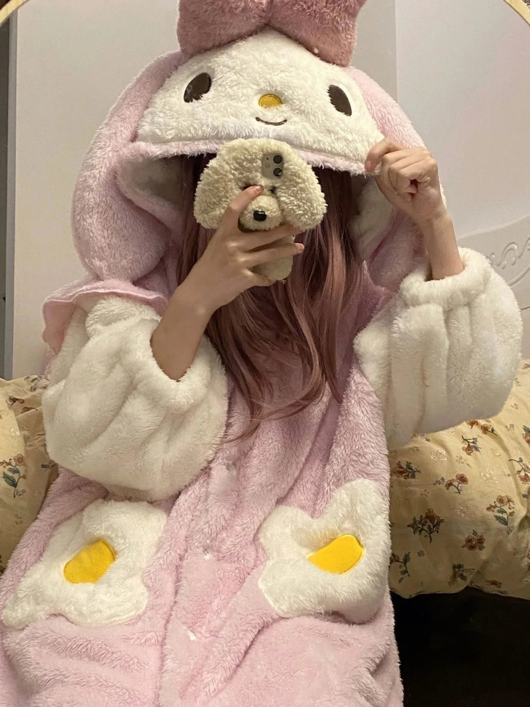 Hot Kawaii My Melody Cartoon Pajamas Girls Pajamas Pants Hangyodon Nightgown Thickened Hooded Home Clothes Casual All-Match Suit