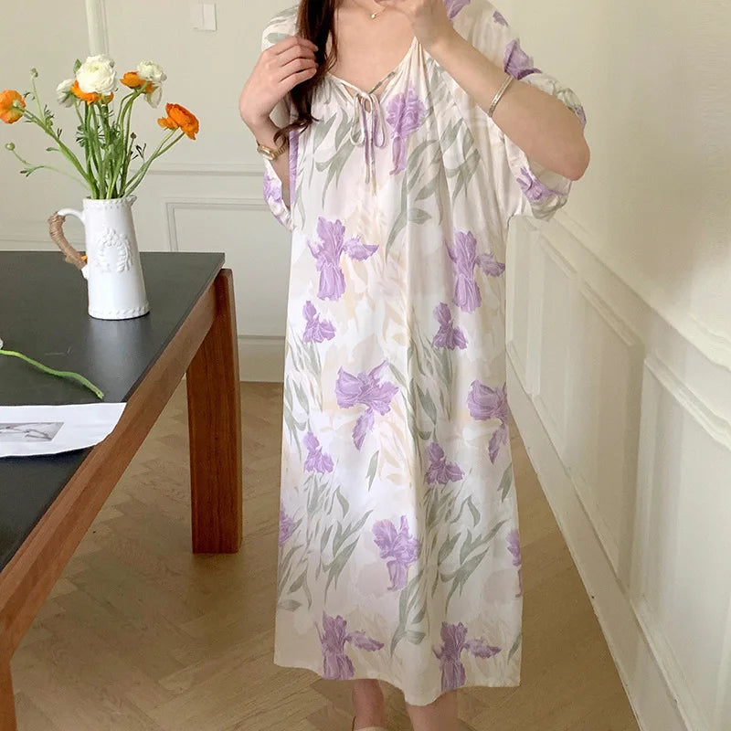 Elegant Summer Mid Sleeve Women's Silky Nightderss Bohemian Beach Vacation Skirt Plus Size Loose Loungewear Nightgowns