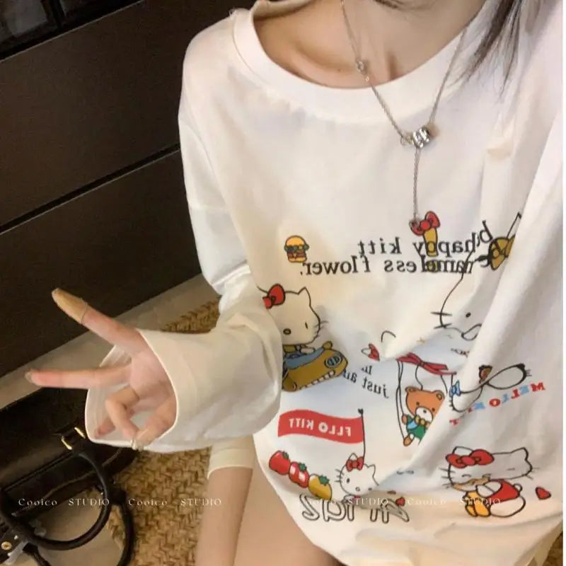 Kawaii Sanrios Hellokitty Cute Cartoon Print Long Sleeve Loose T-Shirt Girls Casual White Sweet Couple Versatile Round Neck Tops