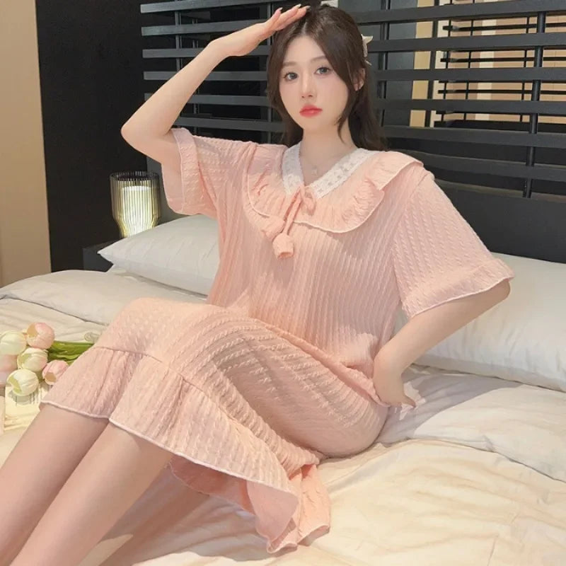 5XL Plus Size Short Sleeve Nightgown Women Japanese Ins Style Pajamas Cotton Homewear Summer Solid Loose Home Dress Sleepwear