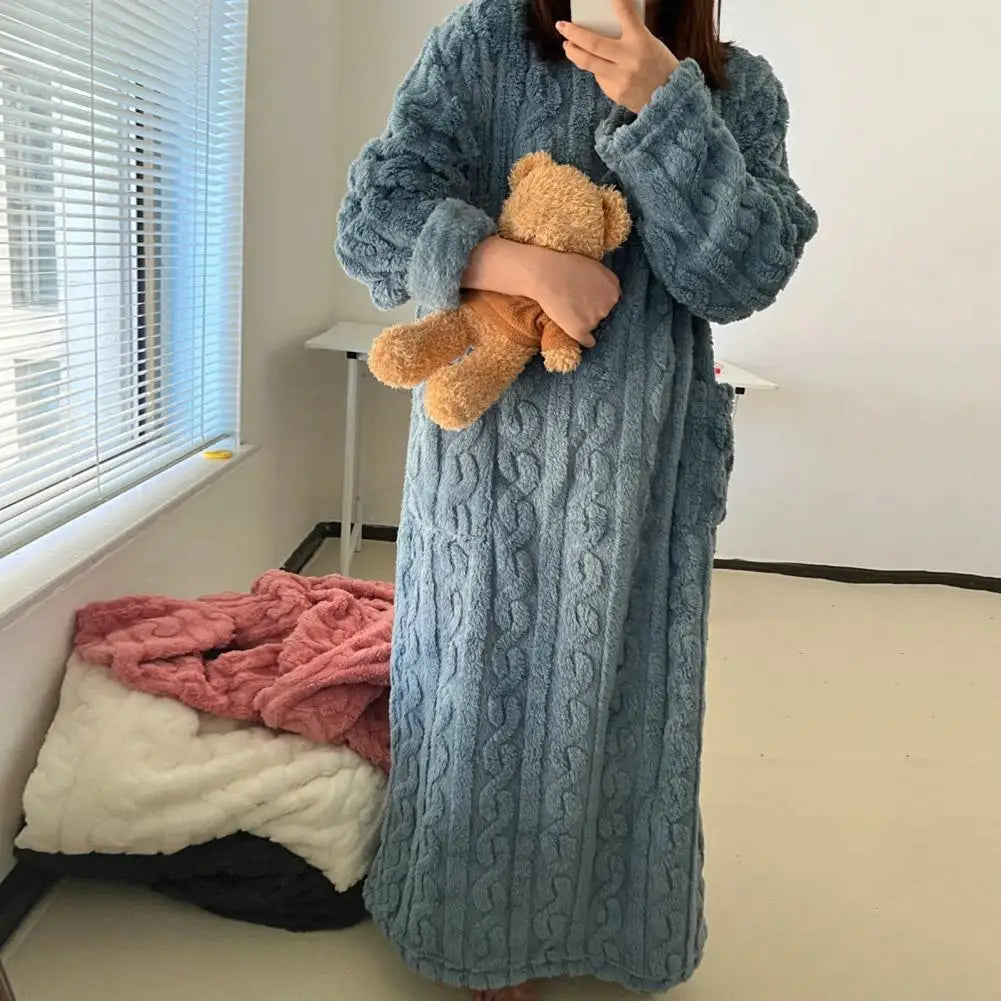 Winter Nightgown Thick Coral Fleece Loose Pockets Warm Women Pajama Dress Twisted Texture Thermal Homewear Lady Nightdress