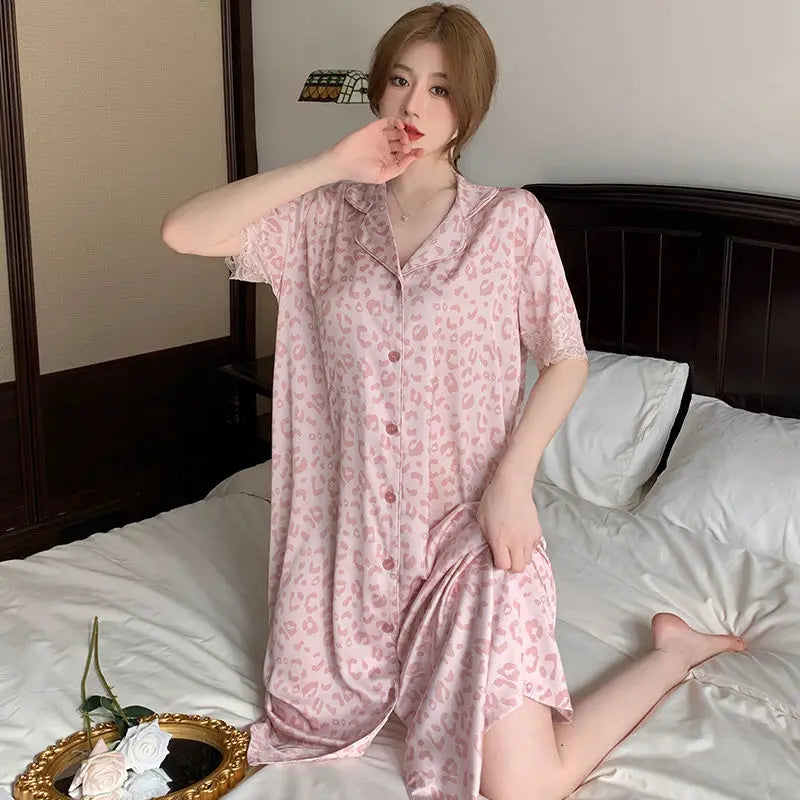 Summer Women's Pink Leopard Print Ice Silk Nightgown