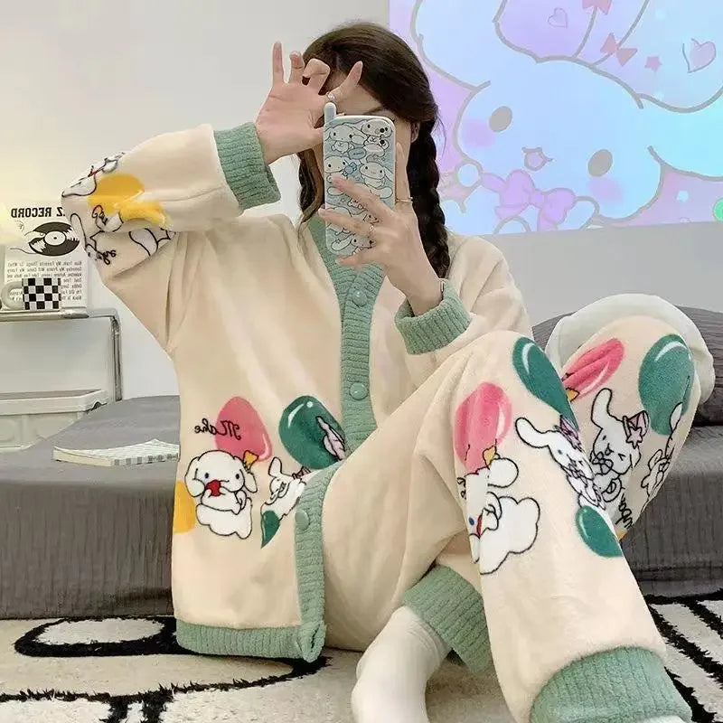 Hot Kawaii Hellokitty V-Neck Pajamas Girl Cute Sweet Home Clothes Sanrio My Melody Autumn Winter Flannel Cotton Suit Casual Wear