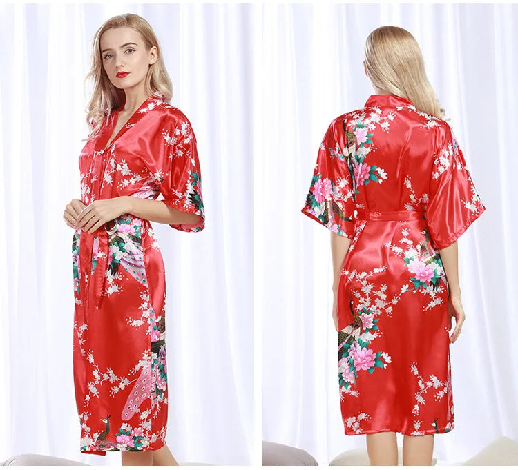 Womens Silk Satin Kimono Robes Long Sleepwear Dressing Gown Floral Peacock Printed Pattern Party Wedding Bridesmaid Bathrobe