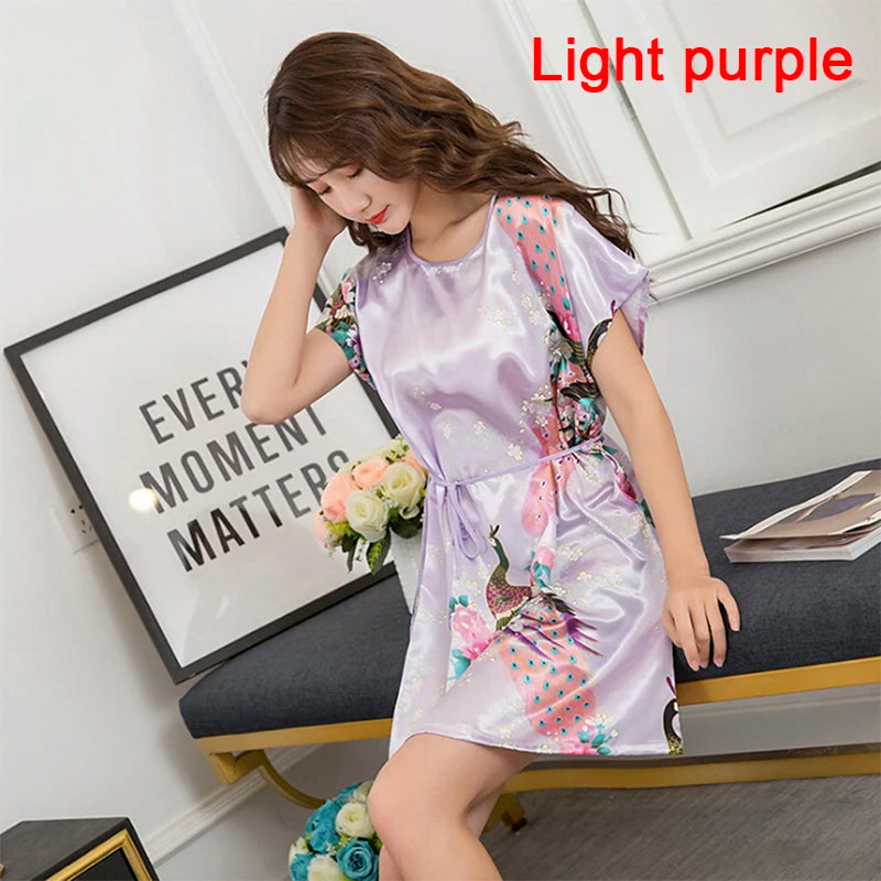 Women Short Sleeve Satin Sleepwear Silk Nightgown Nightdress Women Night Dress Ladies Fuax Silk Robes Nightwear