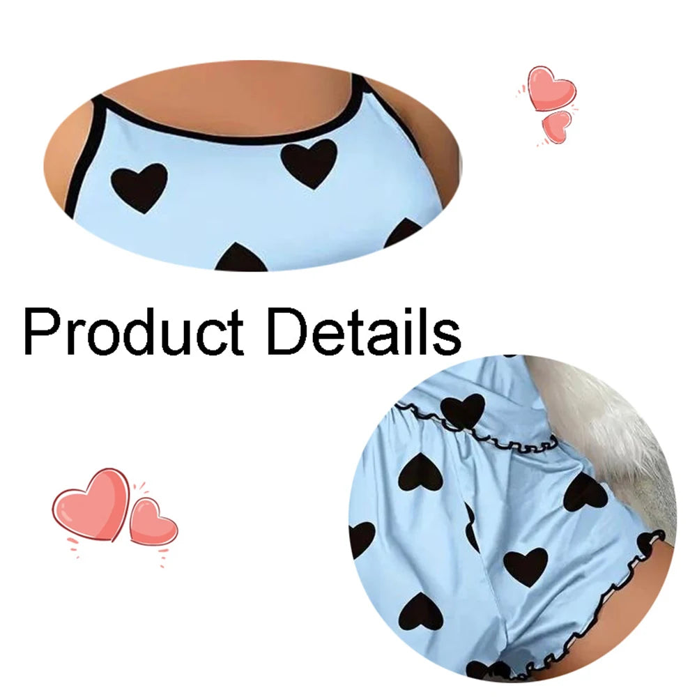 Two-Piece Suit Women Pajamas Sleepwear Pajama Set Camisole Shorts Pink Blue Heart Print Ice Silk Comfortable Casual Homewear