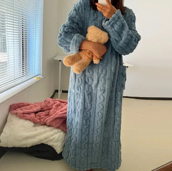 2025New Winter Warm Flannel O-Neck Long Sleeve Dress Casual Oversize Sleepwear Loose Thick Long Dress Lady Pajamas Chic Homewear