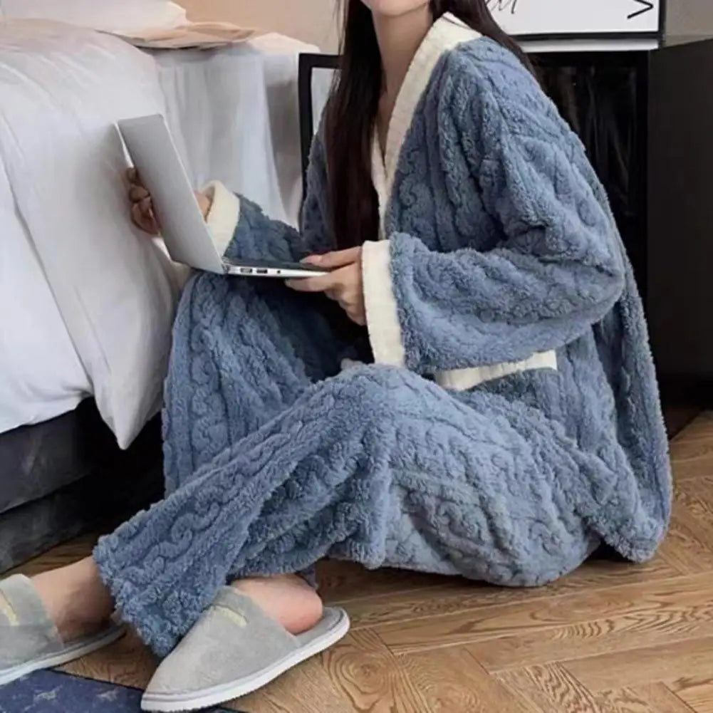 Warm Home Suit Cozy Winter Loungewear Set for Women Plush Thermal Pajamas with V-neck Long Sleeve Tops Wide Leg Pants Cute