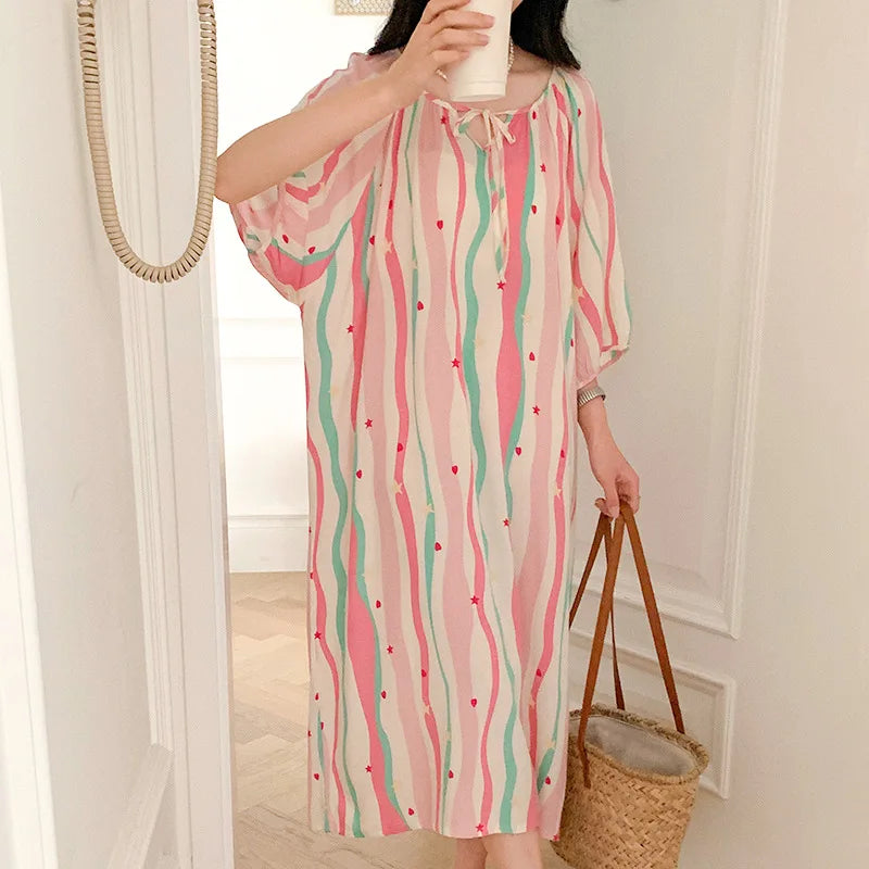 Elegant Summer Mid Sleeve Women's Silky Nightderss Bohemian Beach Vacation Skirt Plus Size Loose Loungewear Nightgowns