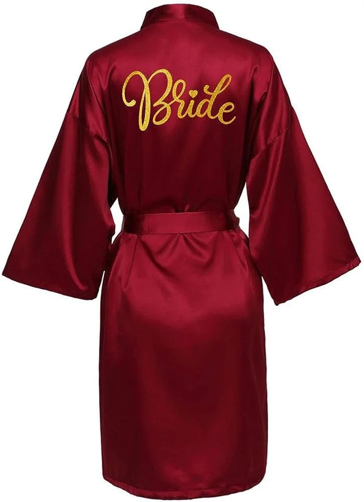 Bride Bridesmaid Wedding Robe Kimono Bathrobe Nightgown Satin Women Nightwear Sleepwear Gold Letter