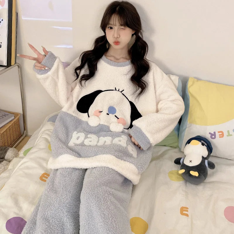 Kawaii Hello Kitty Pajama Suit Long-Sleeved Warm Tops Girl Sweet Pants Thickened Cute Round Neck Pullover Casual Home Wear Suit