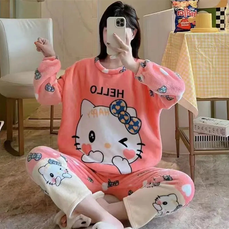 Hot Kawaii Hello Kitty Coral Velvet Pajamas Long-Sleeved Y2K Sanrio Tops Girls Pajama Pants Cute Cotton Jacket Casual Home Wear