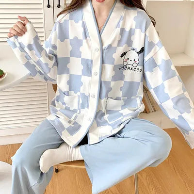 Kawaii Long-Sleeved Tops Pajamas Girl Sweet Hello Kitty Cute Pajama Pants Kuromi Casual Pants Pochacco Home Wear Set