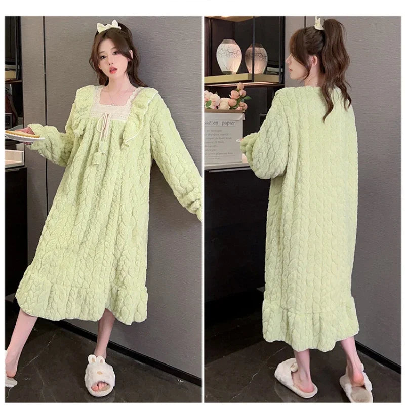 5XL Plus Size Women Winter Nightgown Sweet Coral Velvet Long Sleepwear Warm Home Clothes Fleece-Lined Thickened Robe Sleep Dress