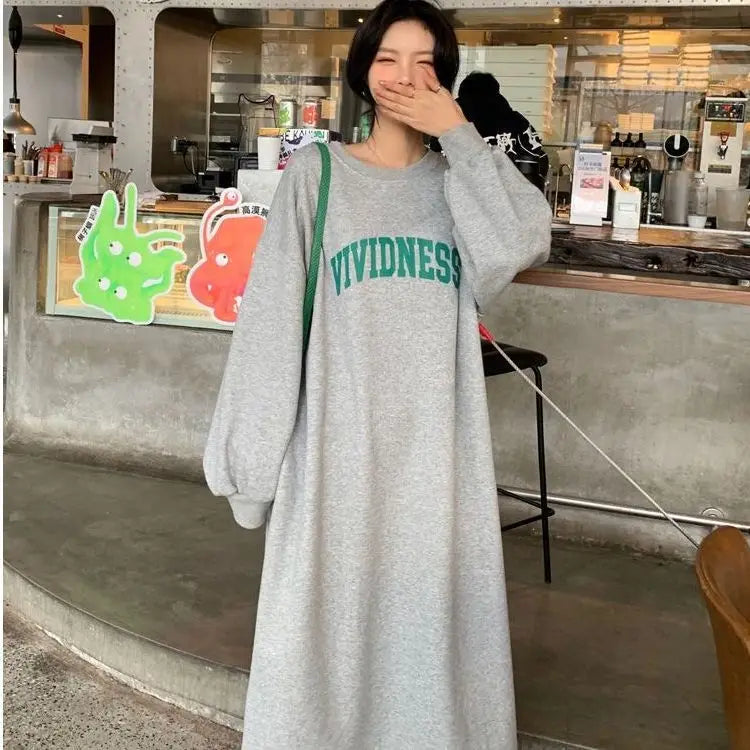 2024New Women Long Sleeve Round Neck Nightgowns Long Casual Homewear Knitted Sleepwear Party Dresses Letter Printed Home Clothes