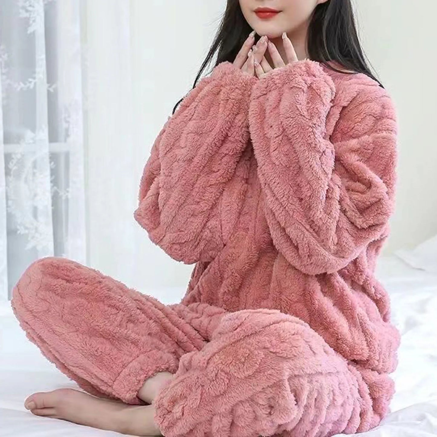 New Pajama Sets Women's Solid Long Sleeve Winter Woman Fluffy Pijama Suit with Pants Thick Warm Fleece Home Clothes for Female