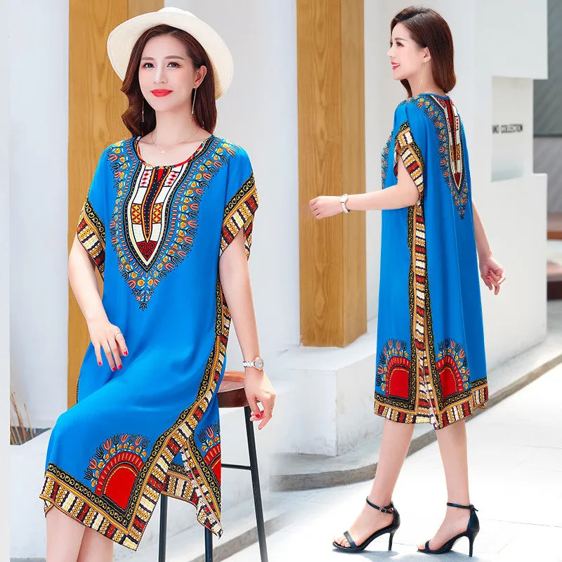 Fdfklak Mid-Length Ethnic Style Nightdress Beach Sleeveless Summer Nightgowns Women Sleepwear Nightshirt Loose Mother Dress