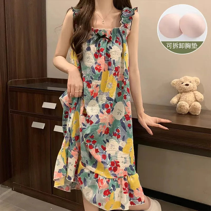 Plus Size Summer Suspender Nightdress with Chest Pad Korean Sleep Dress Loose Pajamas Outerwear Ruffle Thin Cartoon Loungewear