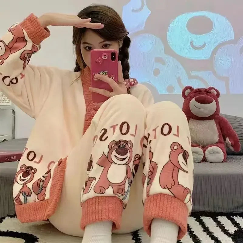 Hot Kawaii Hellokitty V-Neck Pajamas Girl Cute Sweet Home Clothes Sanrio My Melody Autumn Winter Flannel Cotton Suit Casual Wear