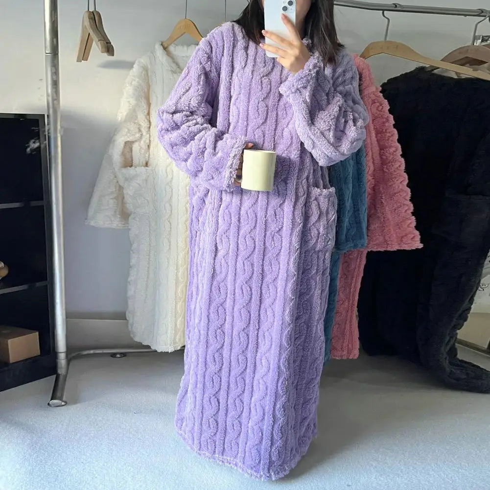 Winter Nightgown Thick Coral Fleece Loose Pockets Warm Women Pajama Dress Twisted Texture Thermal Homewear Lady Nightdress