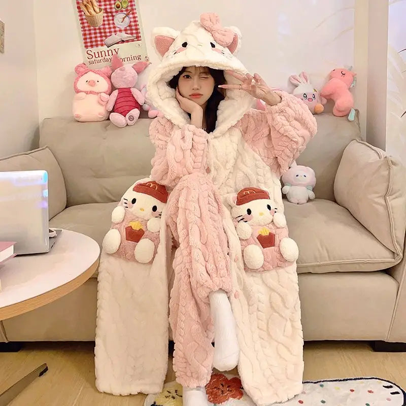 Hot Kawaii Sanrio Cartoon Pajamas Hello Kitty Girls Velvet Nightgown Couple Sweet Long Bathrobe Nightgown Casual Home Wear Set