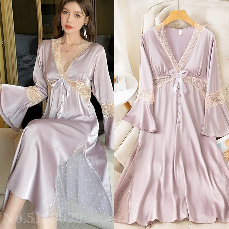 Vintage Lady Girls Nightdress V-Neck Nightgown Princess Dress Sleepshirts Royal Style Sleepwear Satin Home Dresses Loungewear