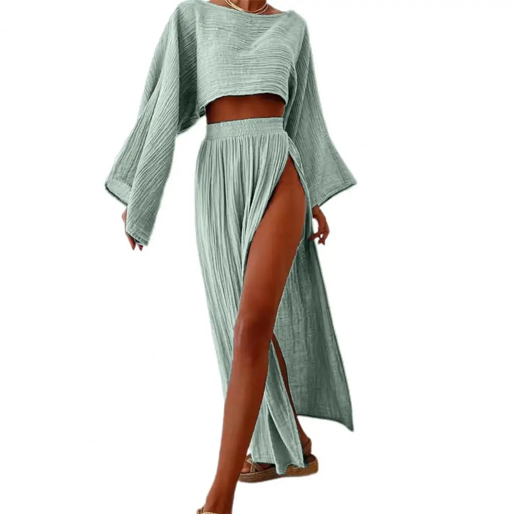 Women Crop Top Skirt Set Long Sleeve Slant Neck Short Top High Waist Split Skirt Beach Bikini Coverup Club Party Top Skirts Set