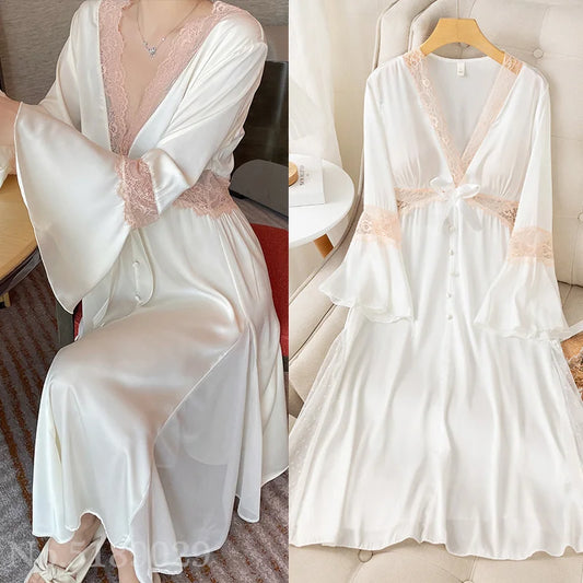 Vintage Lady Girls Nightdress V-Neck Nightgown Princess Dress Sleepshirts Royal Style Sleepwear Satin Home Dresses Loungewear