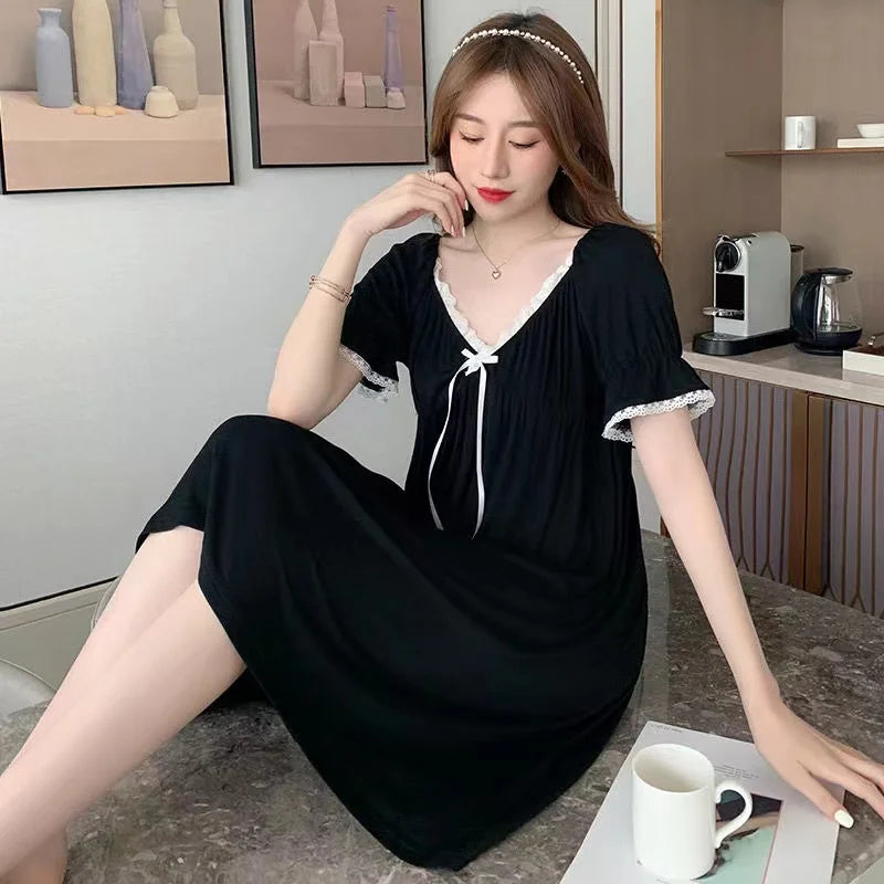 Women's Sleep & Lounge New Soft Women Sleep Skirt Cotton Short Sleeves Nightdress Black Luxury Ladies Shirt Casual Home Dress