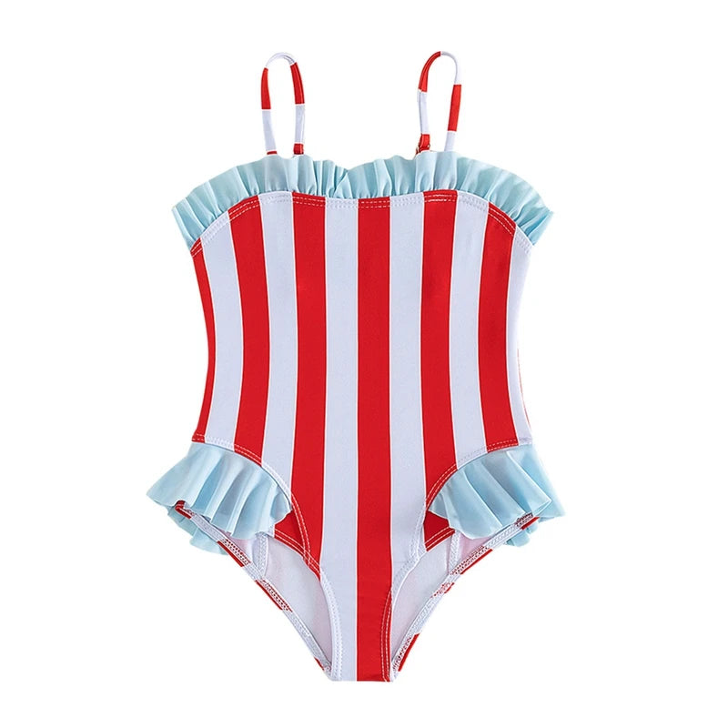 4-7 years Girls Swimsuit Summer Bikini Set One-Piece Stripe Ruffle Sets Kids Girls Sunscreen Beach Swimwear ( excellent quality )