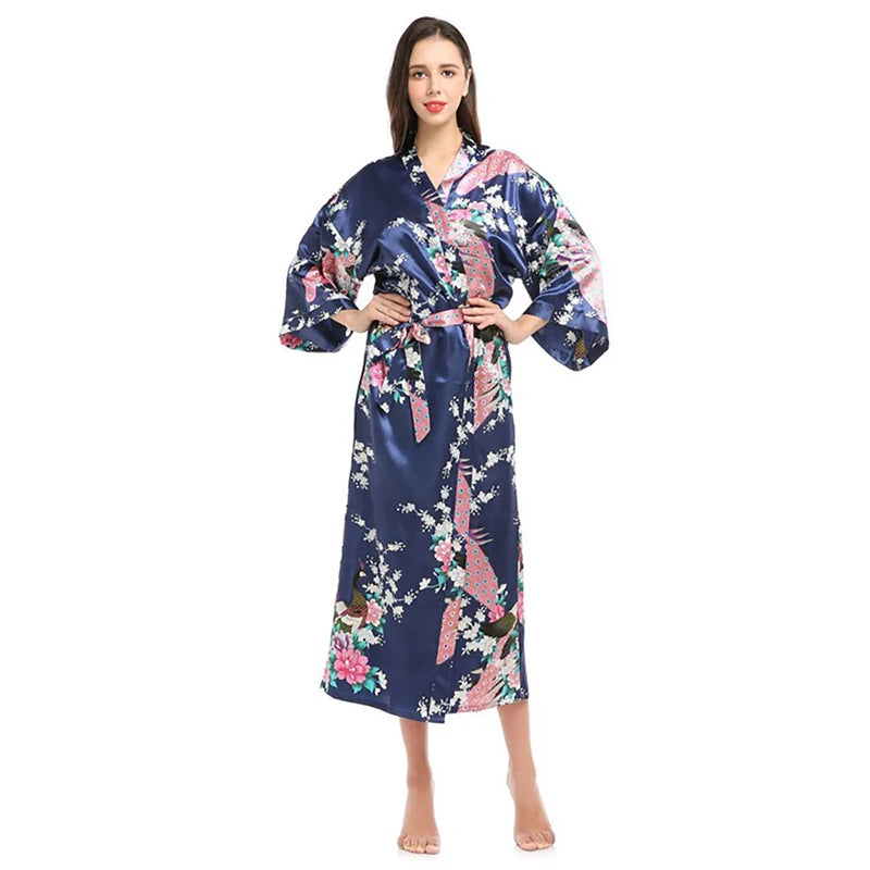 Womens Silk Satin Kimono Robes Long Sleepwear Dressing Gown Floral Peacock Printed Pattern Party Wedding Bridesmaid Bathrobe