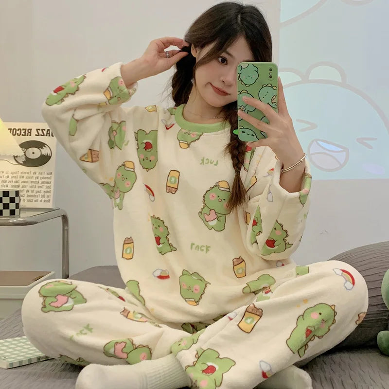 Hot Kawaii Hello Kitty Pajamas Long-Sleeved Tops Girls Cartoon Flannel Pajamas Sweet Cute Plush Casual Home Wear Set Trousers