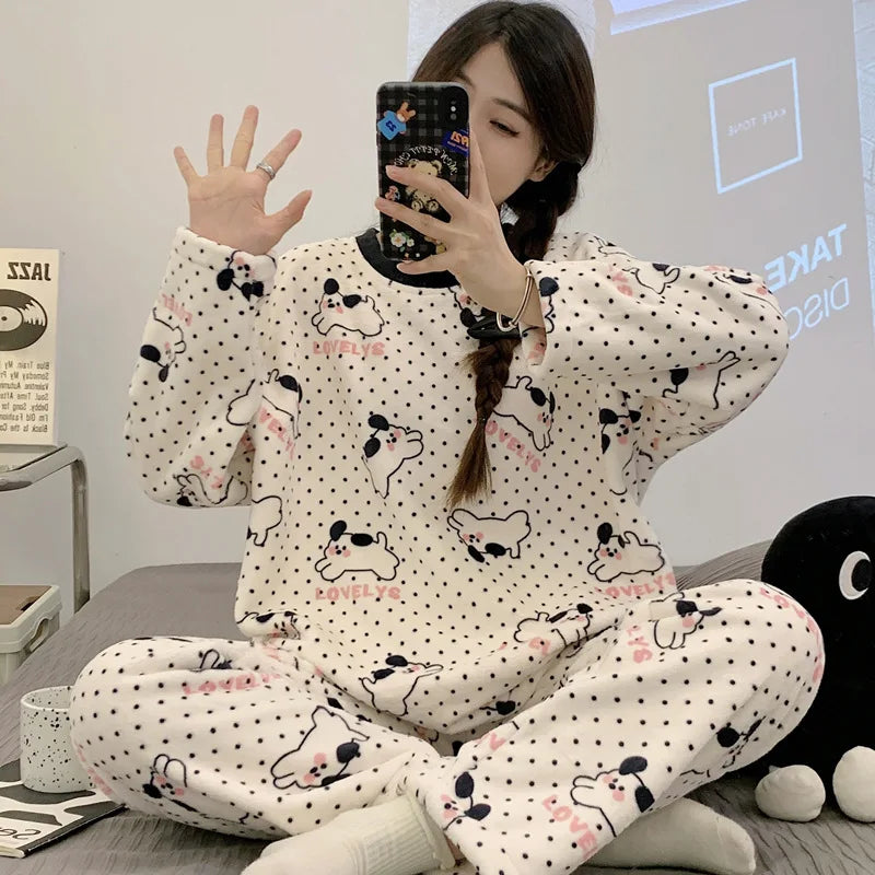 Hot Kawaii Hello Kitty Pajamas Long-Sleeved Tops Girls Cartoon Flannel Pajamas Sweet Cute Plush Casual Home Wear Set Trousers