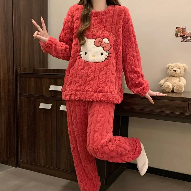 Hello Kitty Coral Velvet Pajamas Girls Long-Sleeved Tops Autumn Winter Velvet Thickened Pajamas Warm Student Pants Home Clothes