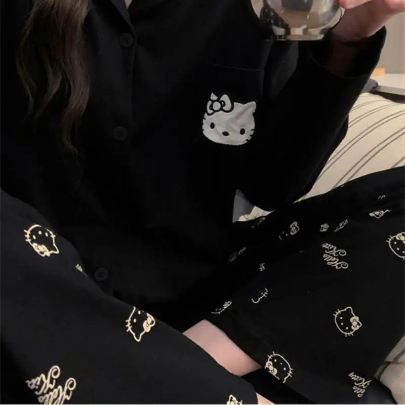 Sanrio Cardigan Leisure Time V-Neck Pajama Set Kawaii Hello Kitty Comic Lovely Spring and Autumn Student Leisure Wear Fashion