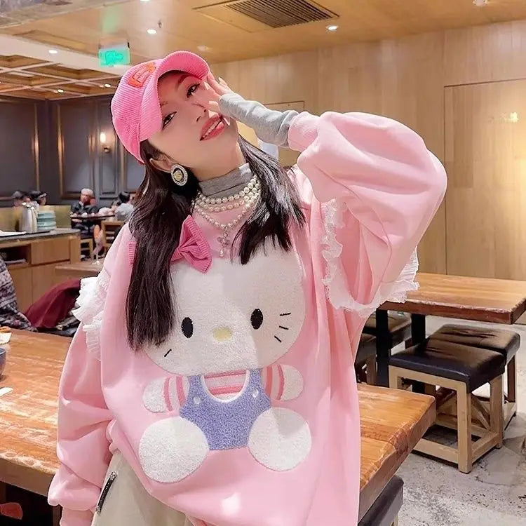 Kawaii Hellokitty Loose Sweatshirt Sweet Lace Sweater Sweet Girl Sweater Three-Dimensional Cartoon Patch Plus Velvet Casual Wear