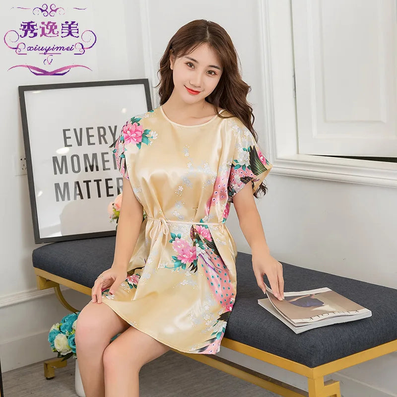 Night Skirt Female Summer Korean Student Cute Dress Plus Size Home Service Feminine Women's Ice Silk Pajamas Can Be Worn Outside