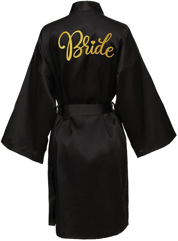 Bride Bridesmaid Wedding Robe Kimono Bathrobe Nightgown Satin Women Nightwear Sleepwear Gold Letter