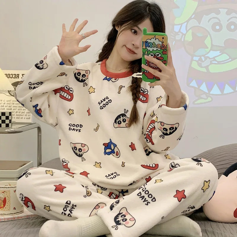 Hot Kawaii Hello Kitty Pajamas Long-Sleeved Tops Girls Cartoon Flannel Pajamas Sweet Cute Plush Casual Home Wear Set Trousers