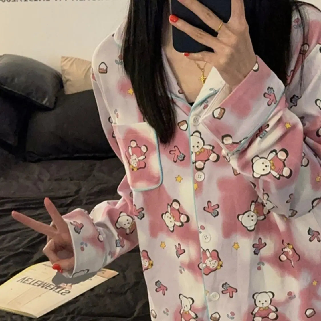 2024 New Sweet Spring Women Home Suits Female Lace Trim Cute Pajamas Sets Girls Cartoon Long Sleeves Trousers Simple Nightwear