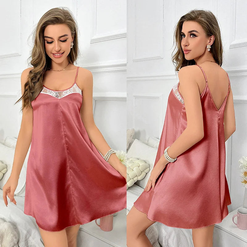 Lady Ice Silk Rayon Sleepwear Dress Summer Backless Lace Women Sleeveless Waist-cinching Thin Nightdress Home wear