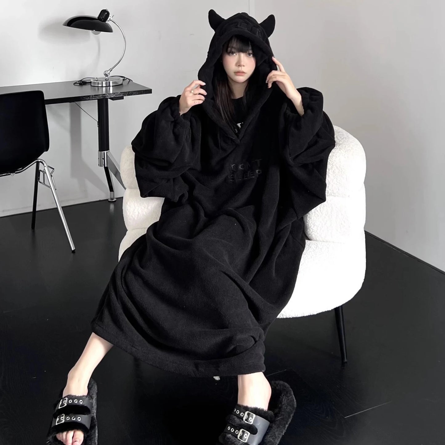 Thickened padded pajamas Solid color Homewear Loose oversized hooded Dresses Imp couple robe Fall and winter one-piece Sleepwear