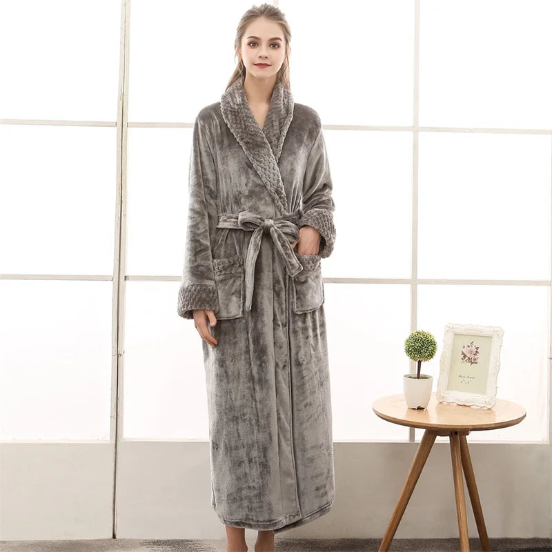 Night Dress Women Bathrobe Flannel Robe Women's Winter Lengthened Coralline Plush Shawl Bathrobe Long Sleeved Warm Bath Robe Men