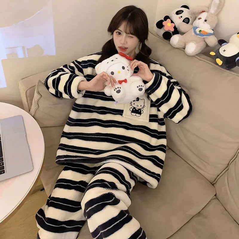 Kawaii Hello Kitty Striped Pajamas Girls Thickened Long-Sleeved Tops Pants Coral Velvet Cute Loose Pajamas Casual Home Wear Set